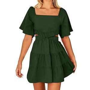 NEW Dark Green Bare Midriff Ruffle Skirt Short Sleeve Mini Dress Size Large